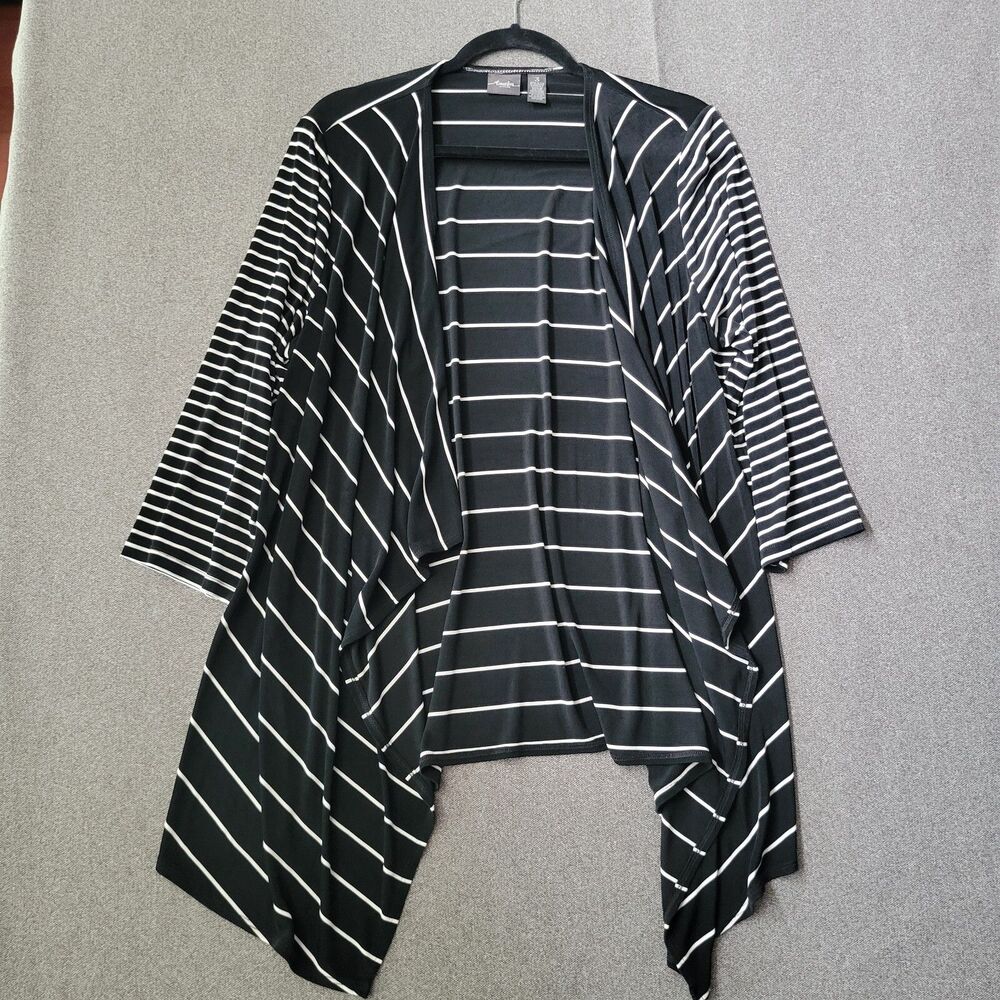 Chicos Travelers Size 3/XL Black White Stripe Open Front Cardigan Duster 695